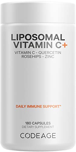 Codeage Liposomal Vitamin C 1500mg with Zinc, Elderberry, Citrus Bioflavonoids Grapefruit, Lemon, Orange Powder, Quercetin & Rose Hips Fruit – Vegan Supplement - Non-GMO, Vegan Pills, 180 Capsules