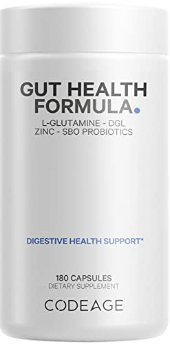 Codeage Gut Health Supplements Vegan Formula - L Glutamine, Zinc, Turkey Tail Mushroom Powder, Tonic Mushroom, Maitake, Micro Algae, Mineral, Licorice Root DGL - Probiotics, Prebiotics - 180 Capsules