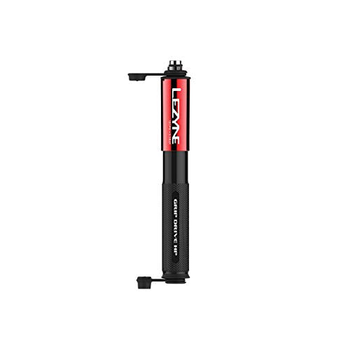 Lezyne Grip Drive HP Bicycle Hand Pump, ABS Flip Chuck, 120PSI, Road, Gravel Bike, Presta and Schrader Valve, High Pressure, Red, 185mm