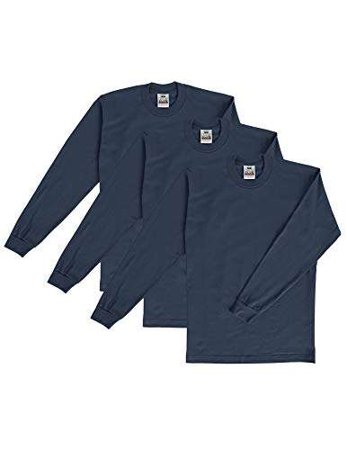 Pro Club Men's 3-Pack Heavyweight Cotton Long Sleeve Crew Neck T-Shirt, Navy, Large