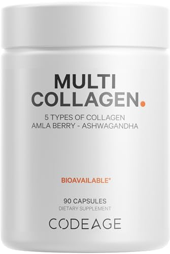 Codeage Multi Collagen Protein Capsules, Type I, II, III, V, X, Grass Fed & Hydrolyzed Collagen Pills Supplement, All in One Collagen, Bone Broth, Amla Berry Source of Vitamin C, Non-GMO, 90 Count