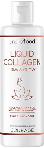 Codeage Liquid Collagen Supplement Chocolate Flavor, Beauty Trim & Glow Liposomal Collagen Peptides, CLA Conjugated Linoleic Acid, Hyaluronic Acid, Vitamin E, Hydrolyzed, Non-GMO, 15.22 fl oz