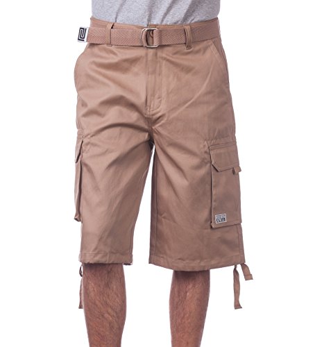 Pro Club Men's Cotton Twill Cargo Shorts with Belt, 38", Khaki