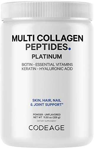 Codeage Multi Collagen Protein Powder with Biotin, Vitamin C, Keratin, Hyaluronic Acid, Vitamins B6 & D3 - Grass Fed Hydrolyzed Collagen Booster Shake Peptides - Hair, Skin, Nails, Joints – 11.50 oz