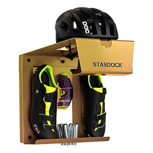 Stasdock Bike Wall Mount - Horizontal Indoor Bike Storage Rack for Garage or Home with Shoes and Glasses Holder - Durable Steel Material - Dark Gold