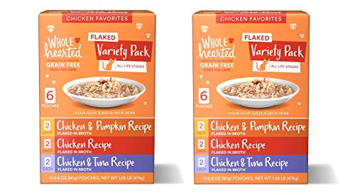 WholeHearted Grain Free Flaked Wet Cat Food Variety Pack for All Life Stages. (Chicken, 12-2.8 Oz Pouches)