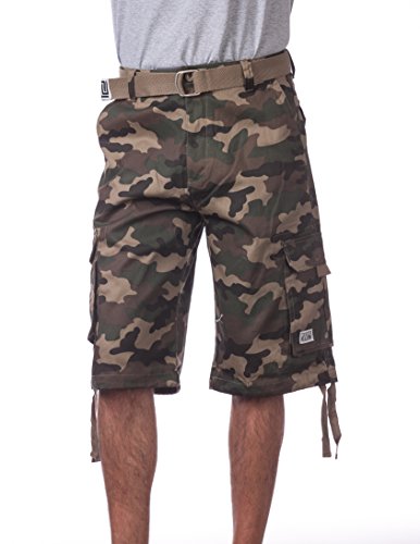 Pro Club Men's Cotton Twill Cargo Shorts with Belt, 34", Green (Camo)