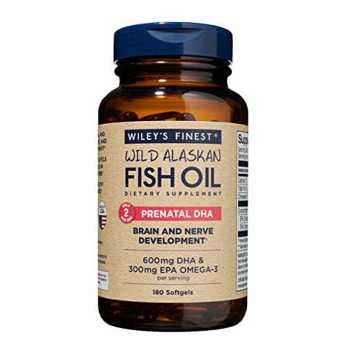 Wiley's Finest Wild Alaskan Fish Oil Prenatal DHA - 600mg DHA Omega-3s - 180 Softgels (90 Prenatal Vitamin Servings)