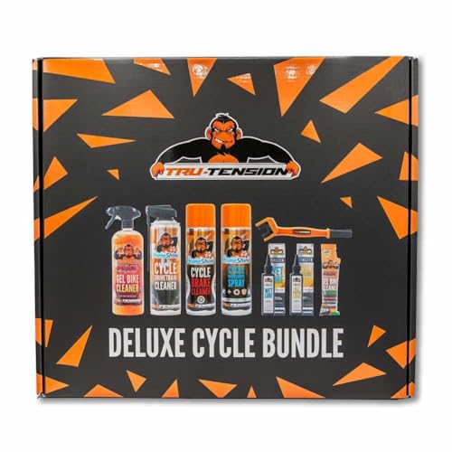 Tru-Tension Deluxe Cycle Bundle - Complete Bicycle Cleaning Solution with Bike Chain Cleaner, Disc Brake Cleaner, MTB Chain Lube, and Chain Cleaning Brush - All-in-One 6 Piece Set