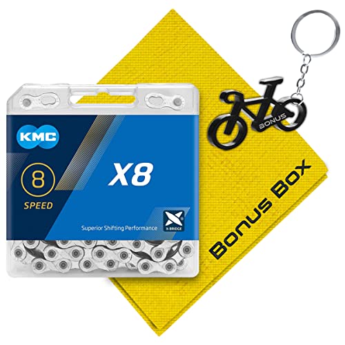 Bonus Box KMC X8 Silver Bicycle Chain - 8 Speed Chain Made with Alloy Steel for Smooth Riding Experience Includes Microfiber Towel & Bottle Opener Keychain