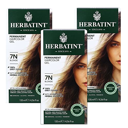 Herbatint Permanent Haircolor Gel, 7N Blonde, Alcohol Free, Vegan, 100% Grey Coverage - 4.56 oz (3 Pack)