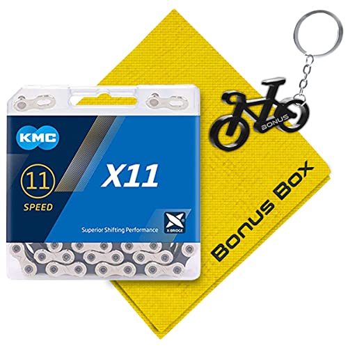 Bonus Box KMC X11 Silver/Black Bike Chain -11 Speed Chain Made with Alloy Steel for Smooth Riding Experience Includes Microfiber Towel & Bottle Opener Keychain