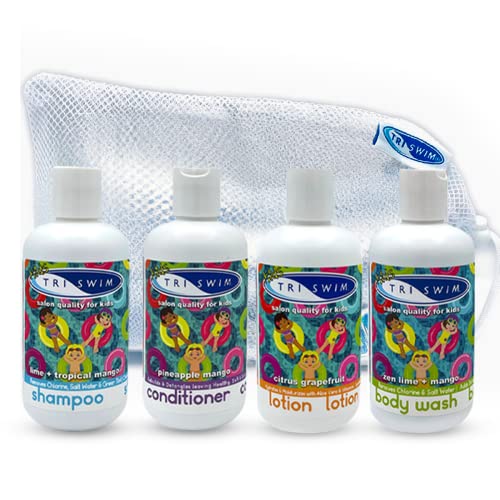 TRISWIM Kids After Swim Value Pack of 4 Travel Mesh Bag + Swim Care Chlorine Removal Body Wash + Swimming Lotion + Swim Shampoo and Conditioner 8.5 fl oz Keep your Little Swimmers Clean and Healthy