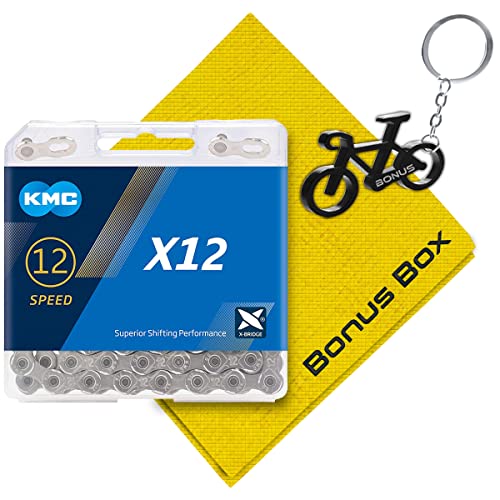 Bonus Box KMC X12 Silver Bicycle Chain - 12 Speed Chain Made with Alloy Steel for Smooth Riding Experience Includes Microfiber Towel & Bottle Opener Keychain