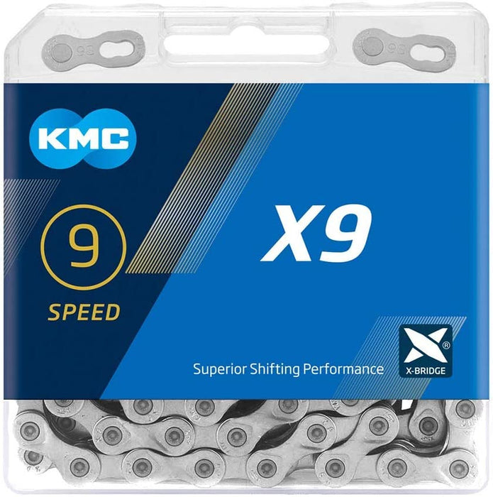 KMC Bike Chain X9, High Performance Bicycle Chain, Unbeatable Durability & Easy Mounting with X-Bridge Outer Plate, Shifting Performance Bicycle Chain, 9-Speed Bike Chain, 1/2" X 11/128" - 114 Links